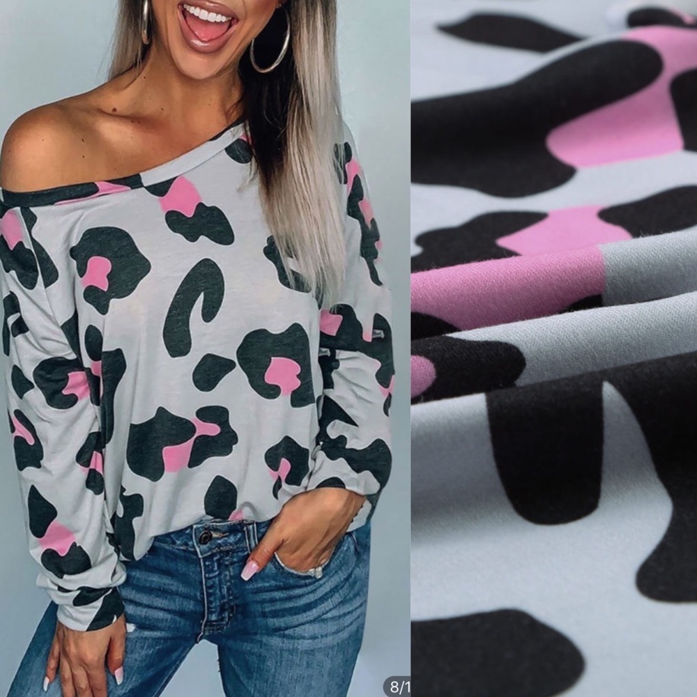 GRAY Leopard Long Sleeve Top NEW